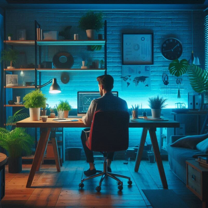 freelancer working in home office setup with blue lighting background and green plants on office