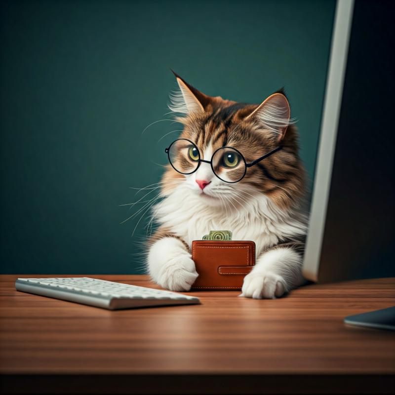 cat with wallet and pc