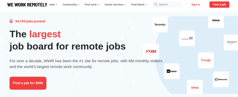 We Work Remotely for  remote-first jobs in tech, design and support